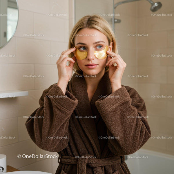 Woman Applying Gold Under-Eye Patches in Spa Setting