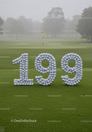 Golf milestone celebration with balls shaped 199 on green