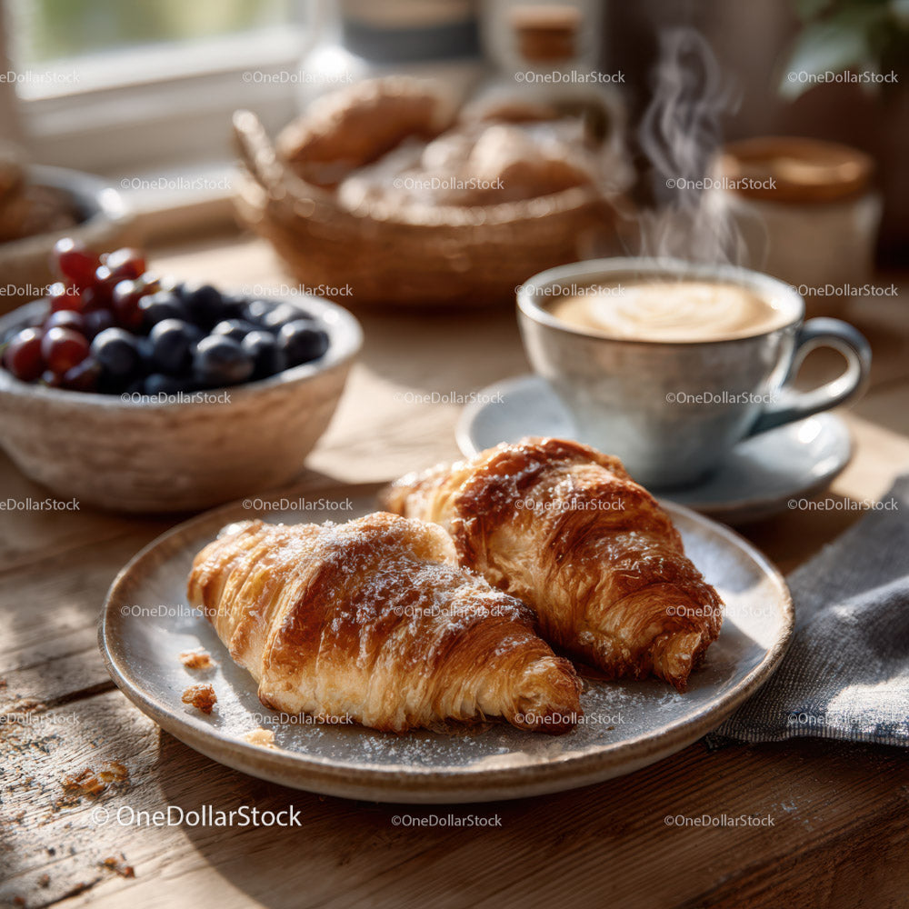 Pyszne croissanty i kawa ze świeżymi jagodami na drewnianym stole