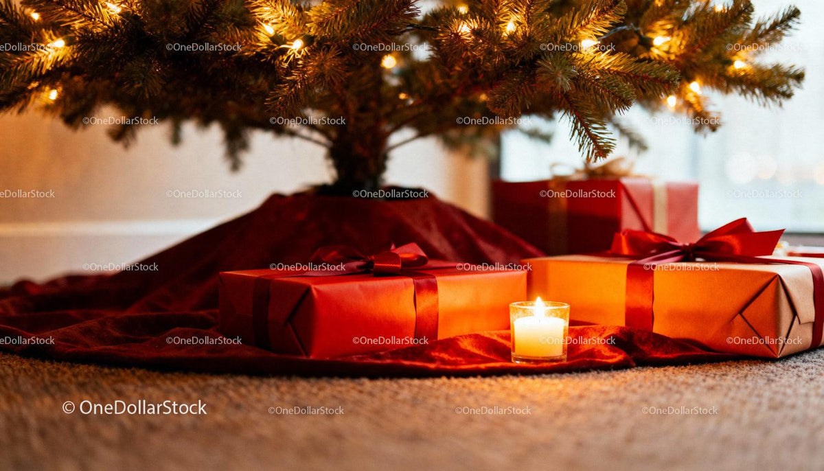 Christmas gifts and candlelight under a decorated tree