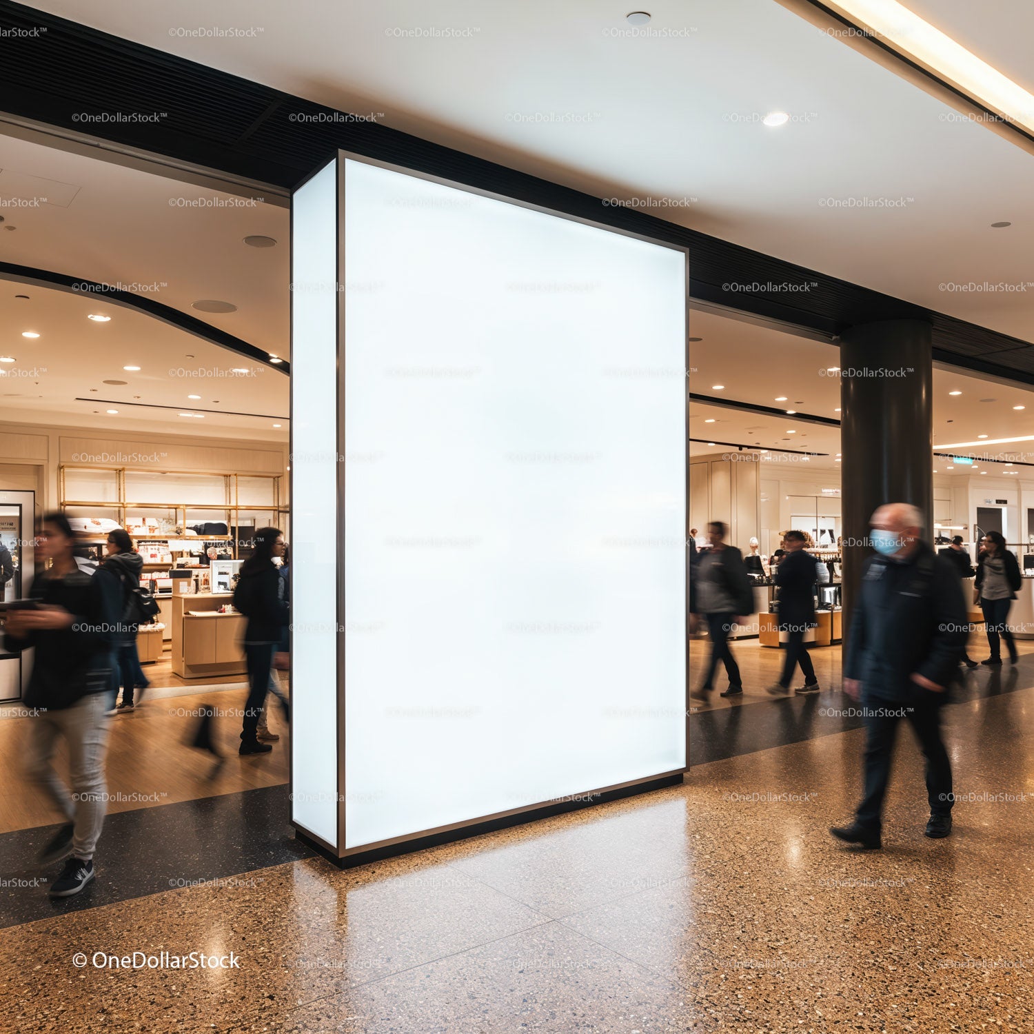 Modern shopping mall interior with blank advertising display
