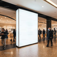Modern shopping mall interior with blank advertising display