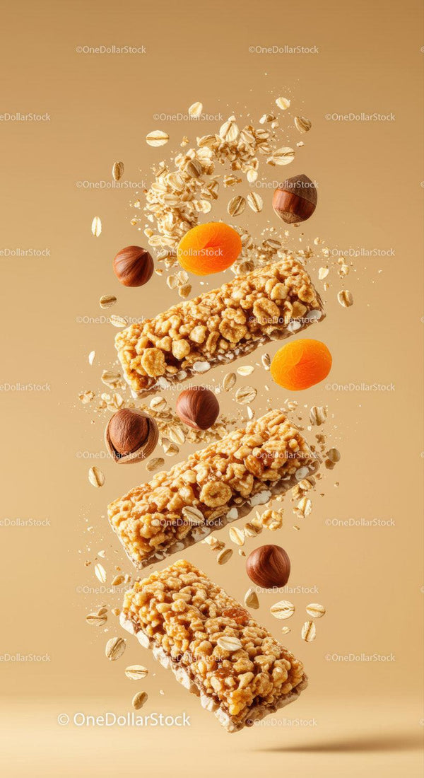 Healthy granola bars with nuts and dried apricots floating