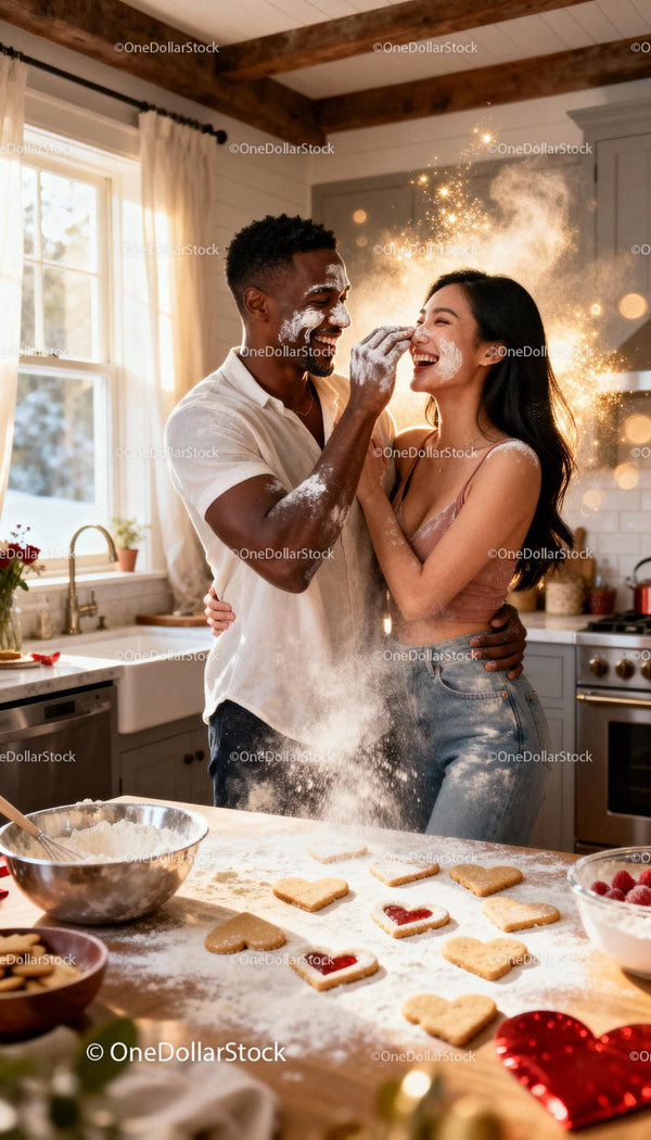 Couple Playfully Baking Heart Cookies in Sunny Kitchen