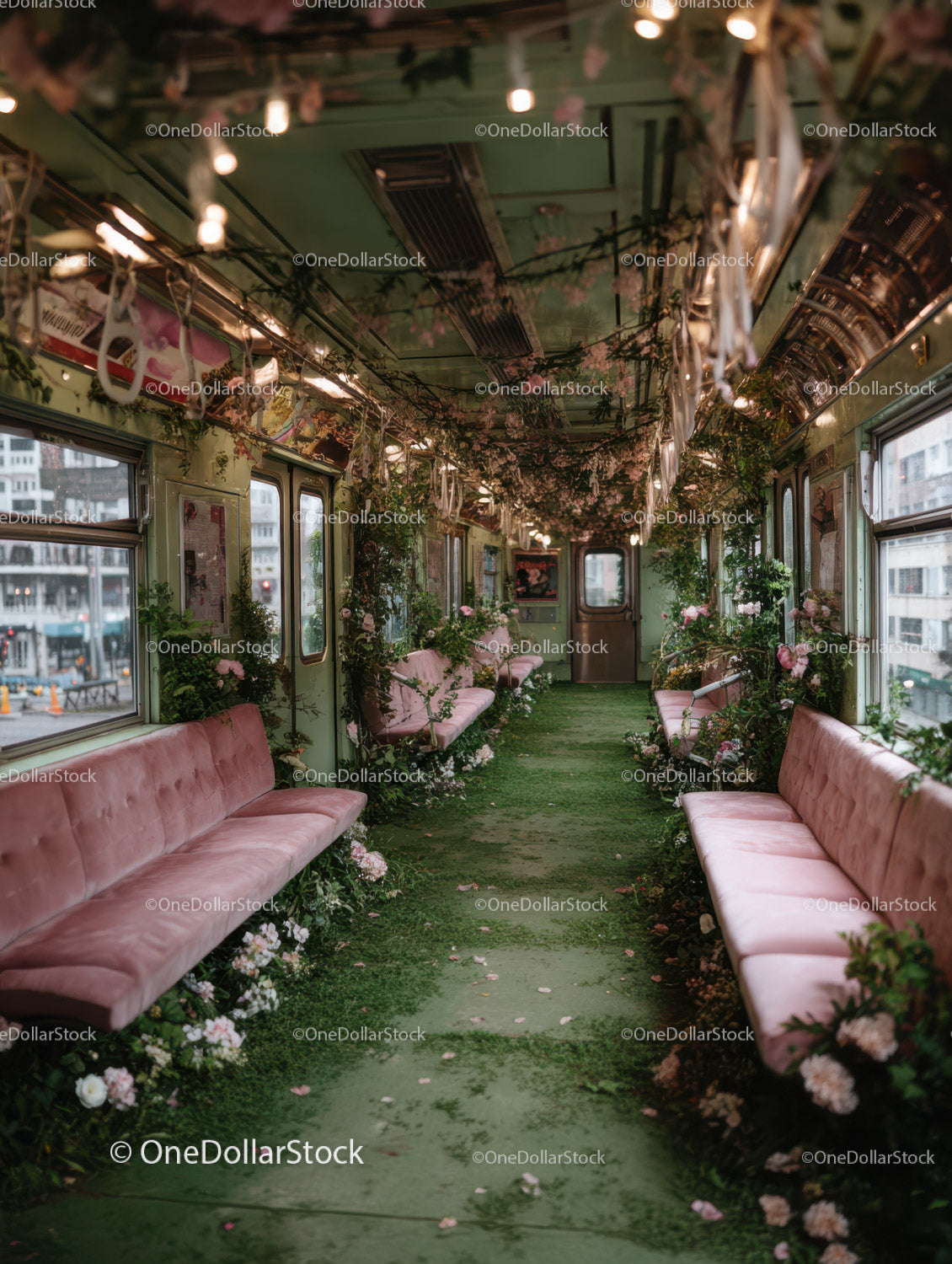 Vintage Train Car Decorated with Pink Roses and Greenery