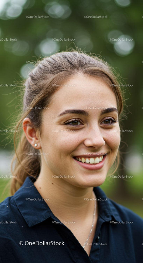 Smiling Young Woman Outdoors with Green Foliage in Natural Light