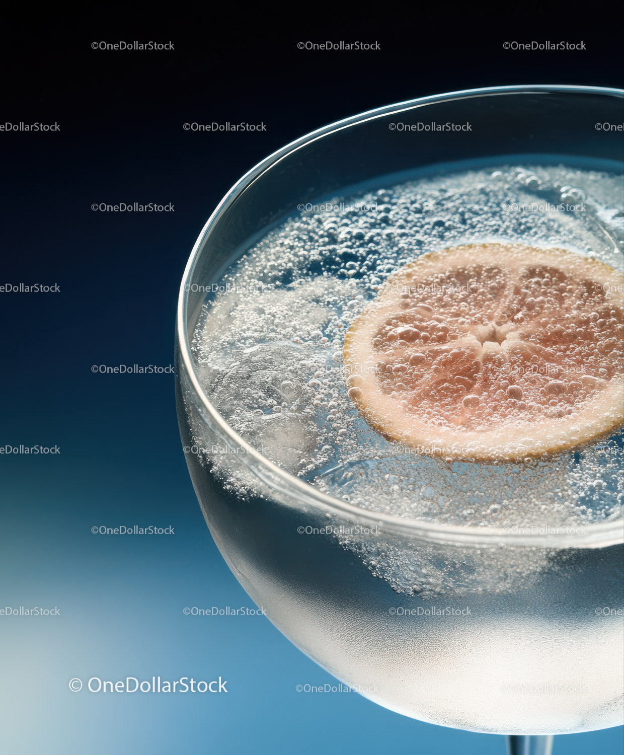 Champagne Glass Filled with Sparkling Drink and Lemon Slice