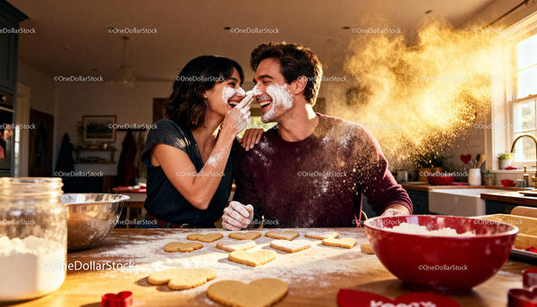 Playful couple baking heart-shaped cookies at home