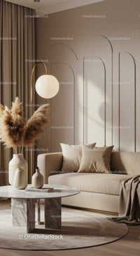 Cozy beige living room with modern marble coffee table