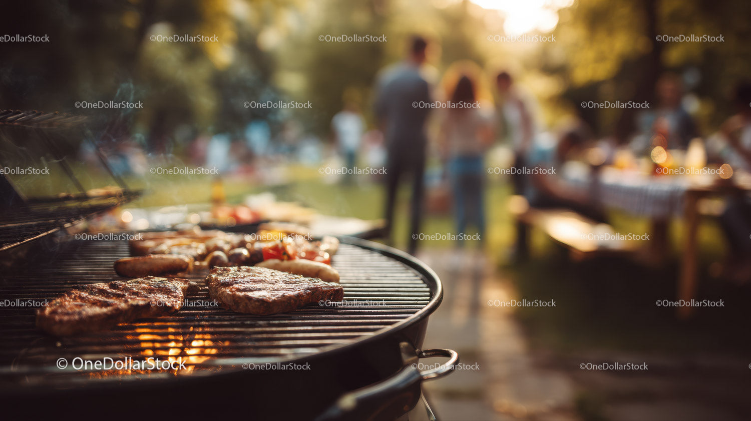 Outdoor Barbecue with Grilled Steaks and Vegetables in Summer Setting