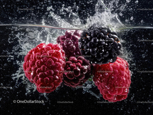 Fresh Raspberries and Blackberries Splashing in Water