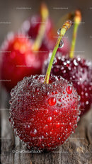 Close-up of Juicy Ripe Cherries with Dew Drops on Wooden Surface