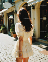 Stylish Woman in Light Dress Strolling on Cobblestone Street