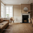 Elegant Living Room with Marble Fireplace Beige Walls and Wooden Floors