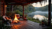 Scenic Lake View with Cozy Wooden Deck and Campfire at Sunset