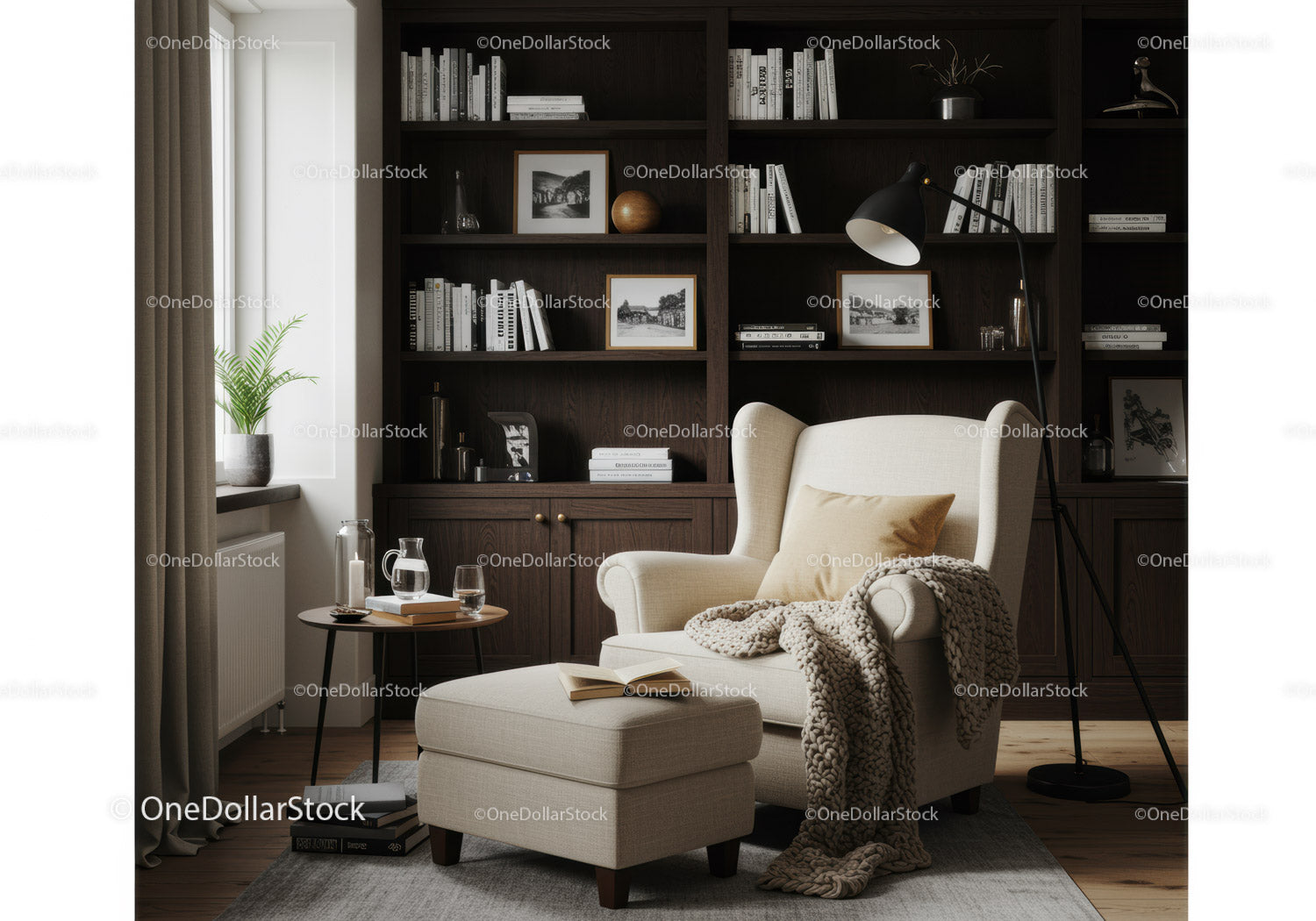 Cozy reading nook with beige armchair and dark bookshelf