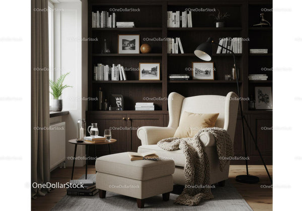 Cozy reading nook with beige armchair and dark bookshelf