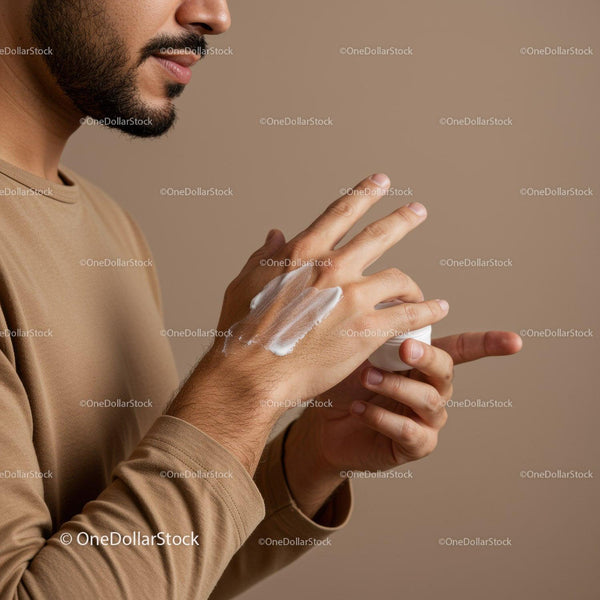 Man Applying Hand Lotion in Personal Care Routine with Moistuizing Action