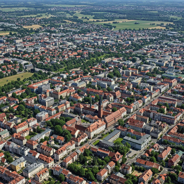 Aerial View of Historic Town with Red-Tiled Roofs and Green Parks