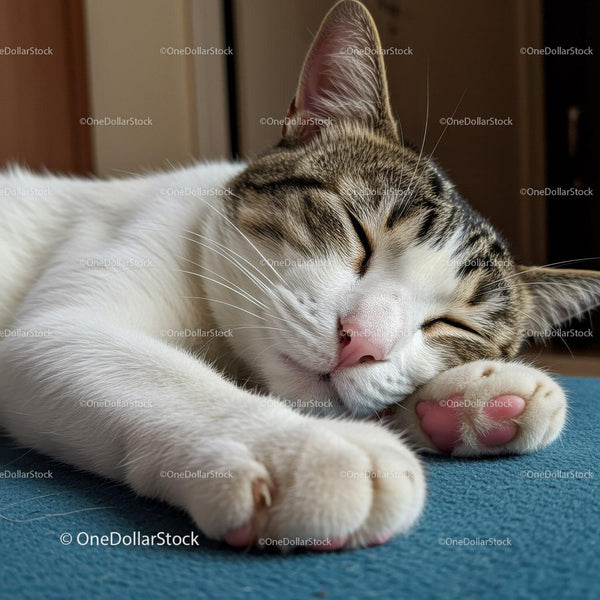Tabby cat peacefully sleeping on soft blue surface