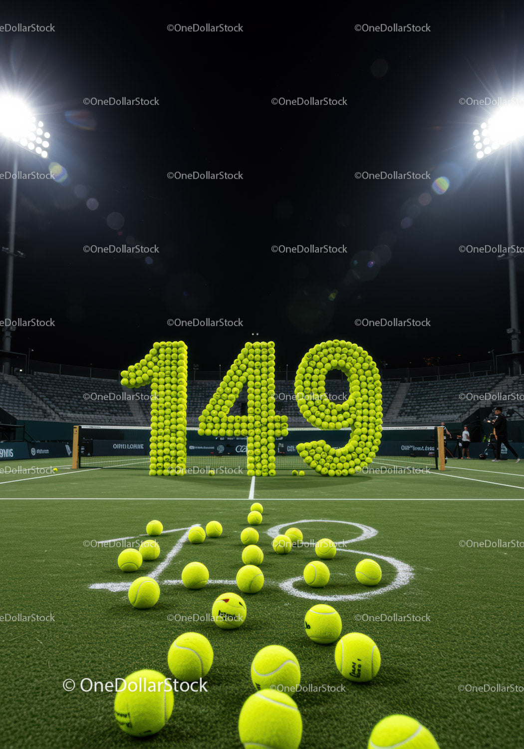 Tennis Balls Arranged to Form Number 149 on Court