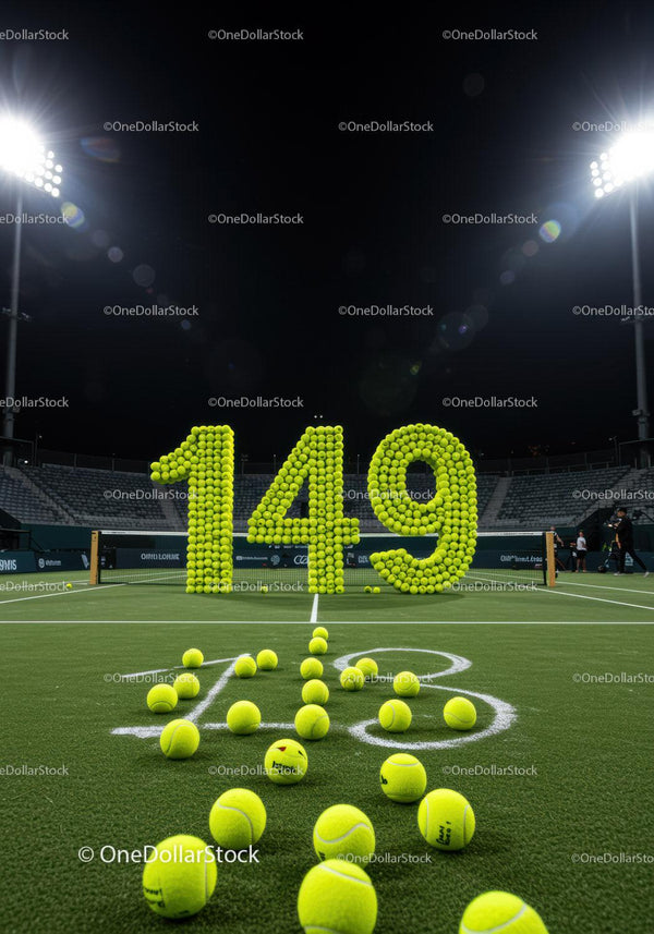 Tennis Balls Arranged to Form Number 149 on Court