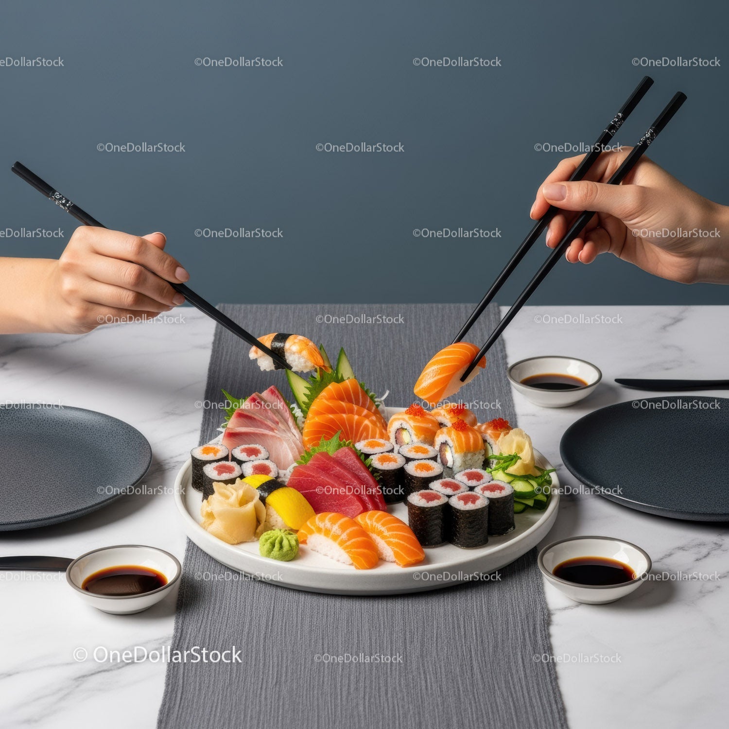 Japanese Sushi Platter with Salmon Tuna and Rolls on Elegant Table