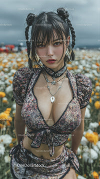 Fashion model with braided hair and floral outfit in outdoor setting