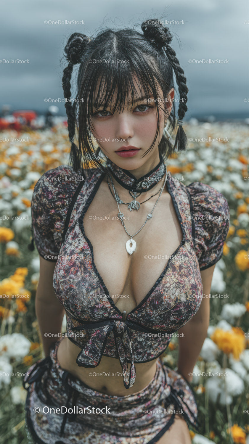 Fashion model with braided hair and floral outfit in outdoor setting