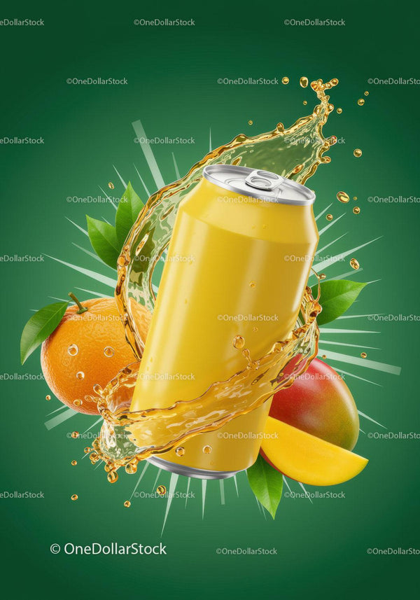 Refreshing Tropical Fruit Juice Splash with Yellow Can JPG Mockup Image