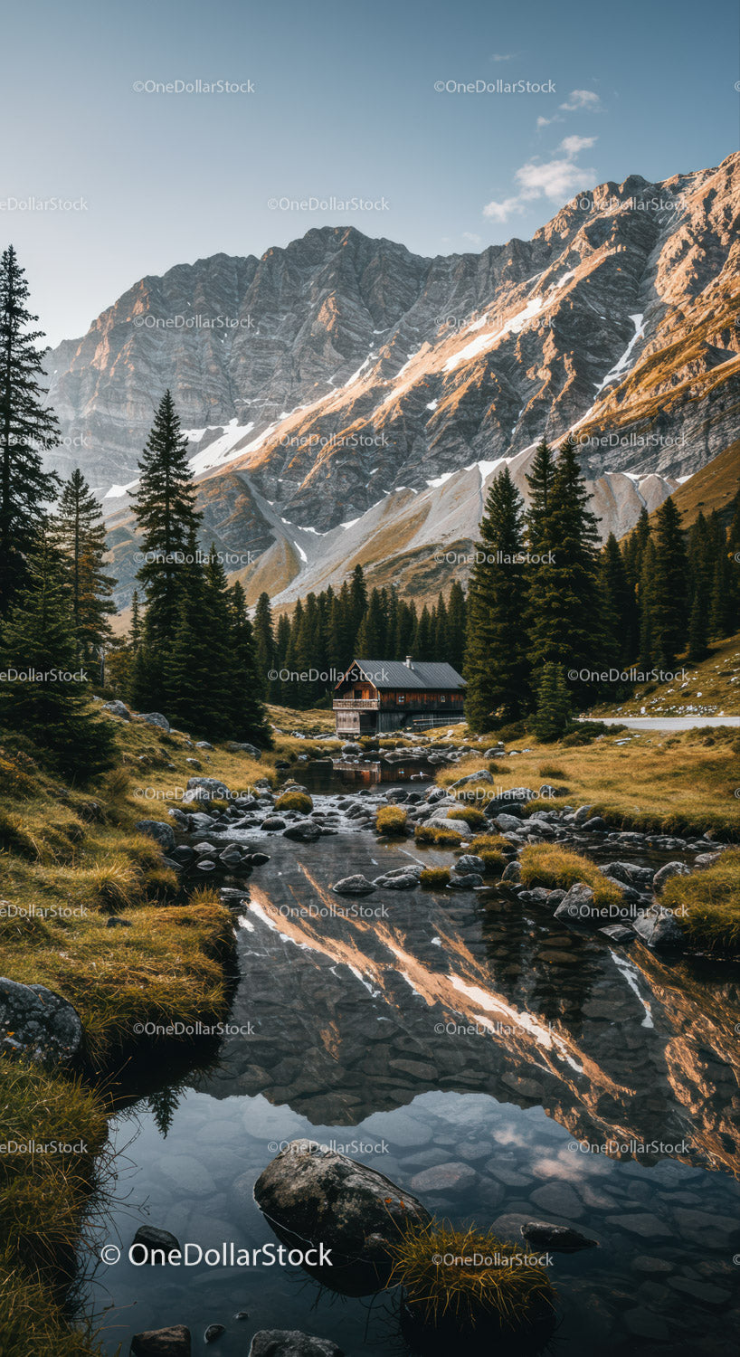 Tranquil mountain cabin beside reflective alpine stream