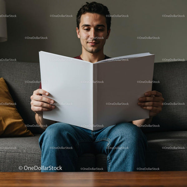 Man reading large book while sitting on couch JPG Mockup Image
