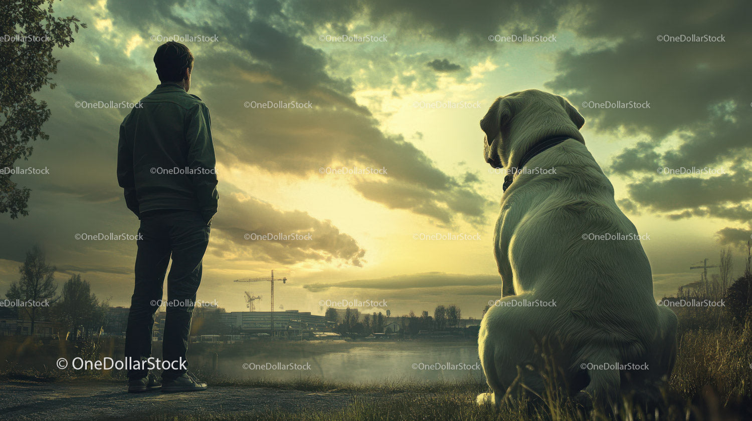 Peaceful Sunset Scene with Man and Large Dog by a Pond
