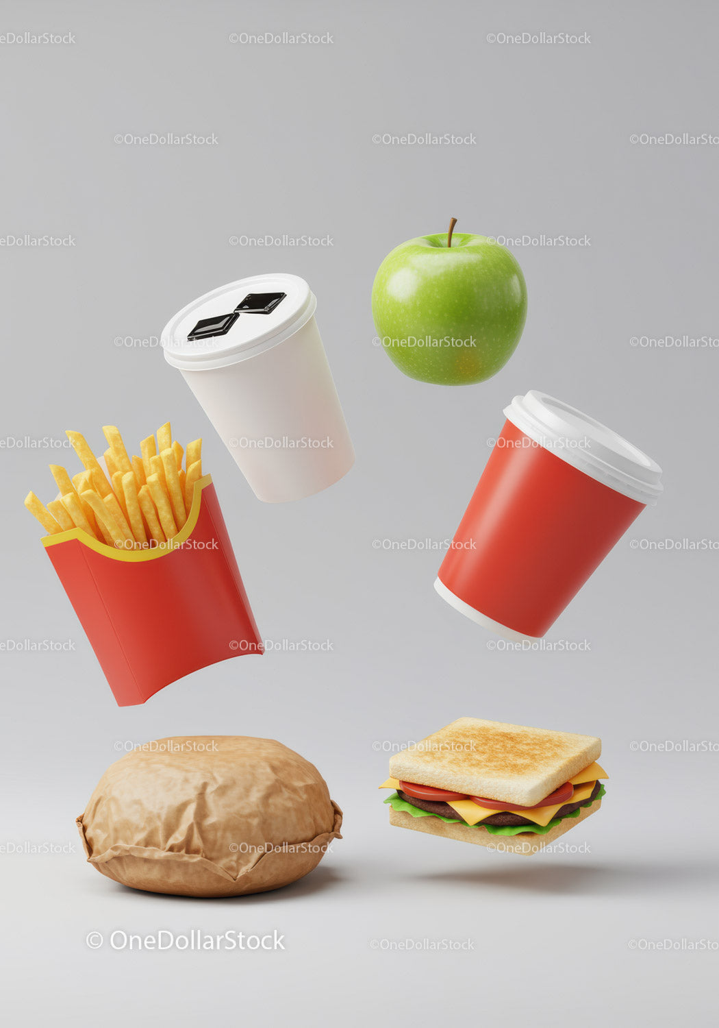 Variety of fast food and healthy apple floating on gray