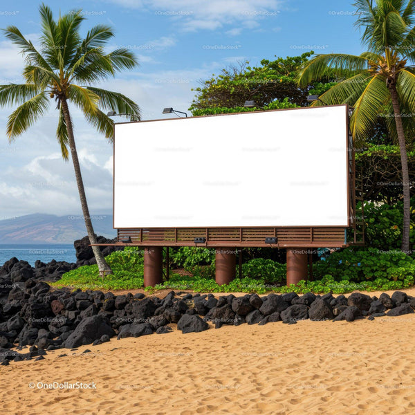 Blank Billboard on Tropical Beach with Palm Trees JPG Mockup Image