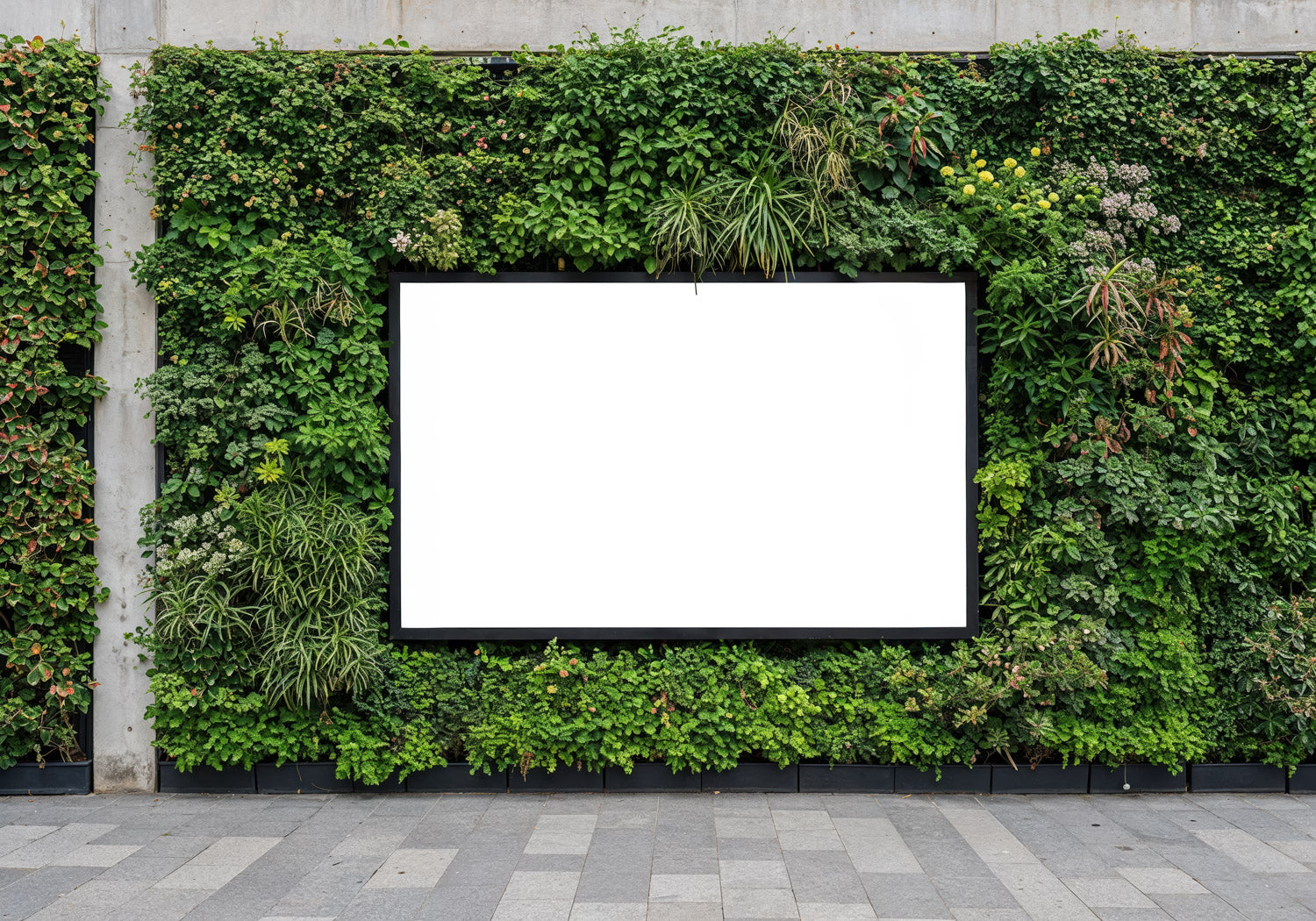 Blank advertising board framed by lush green vertical garden