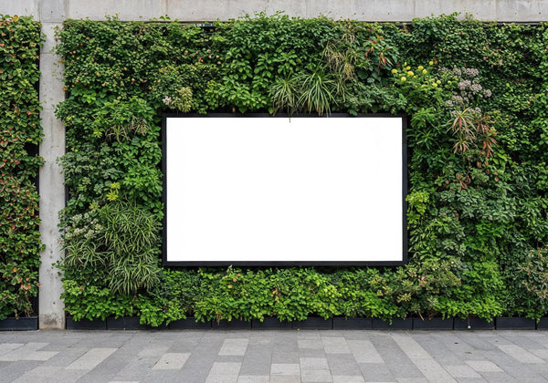 Blank advertising board framed by lush green vertical garden JPG Mockup Image