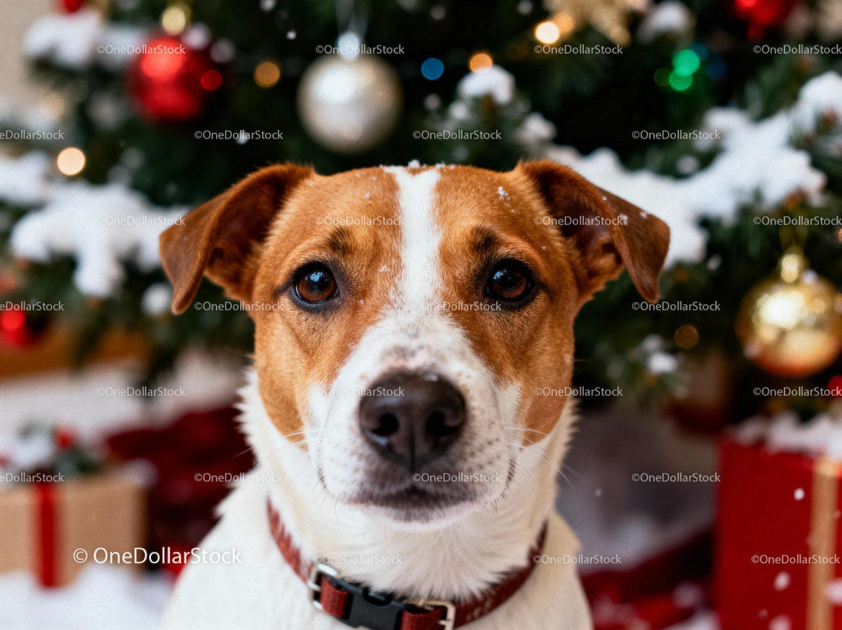 Close up of attentive dog with Christmas tree background