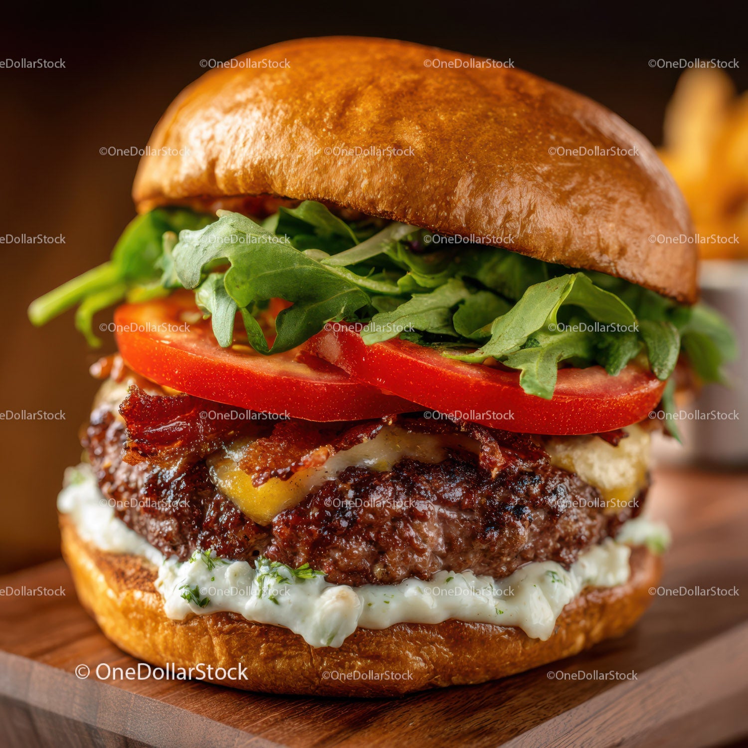 Wykwintny burger wołowy z chrupiącym boczkiem i świeżymi warzywami
