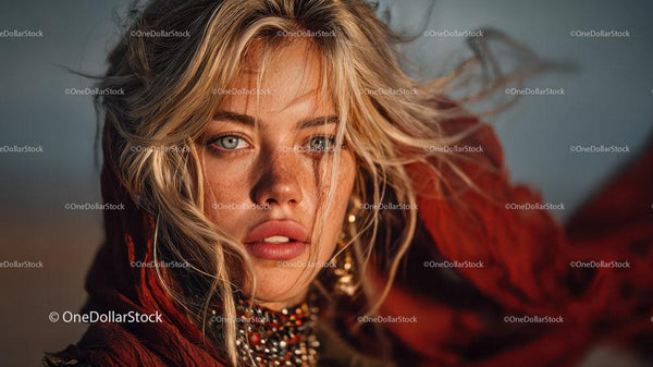 Modowy Portret Kobiety z Niebieskimi oczami i Rozczochranymi Blond Włosami