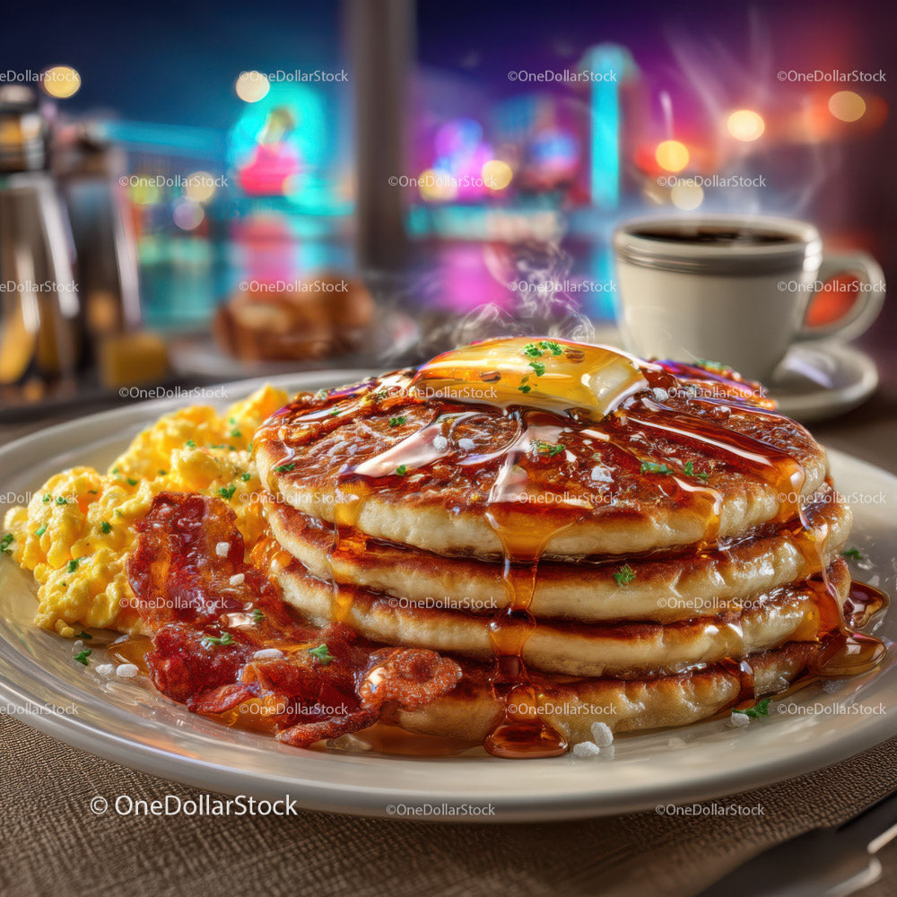 Stack of Pancakes with Egg and Bacon on Breakfast Plate