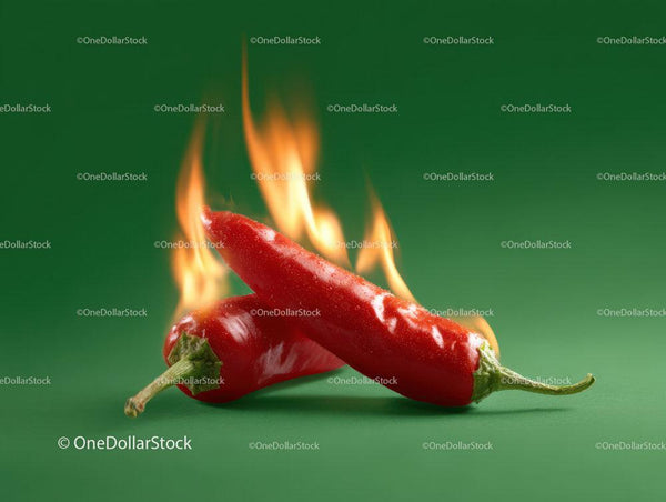 Burning Red Chili Peppers with Flames on Green Background