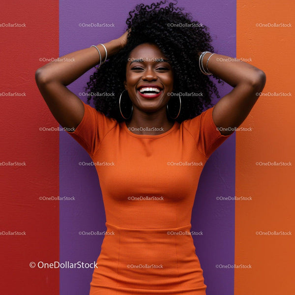 Vibrant Woman in Orange Dress Smiling Against Colorful Abstract Background