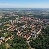 Aerial View of Green Suburban Neighborhood with Red Roofs and Trees