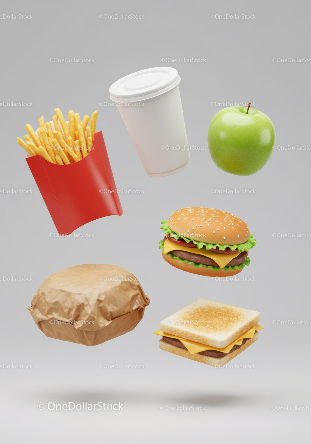 Fast food items with healthy green apple on gray background