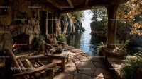 Rustic Riverside Cabin with Stone Fireplace Surrounded by Autumn Foliage
