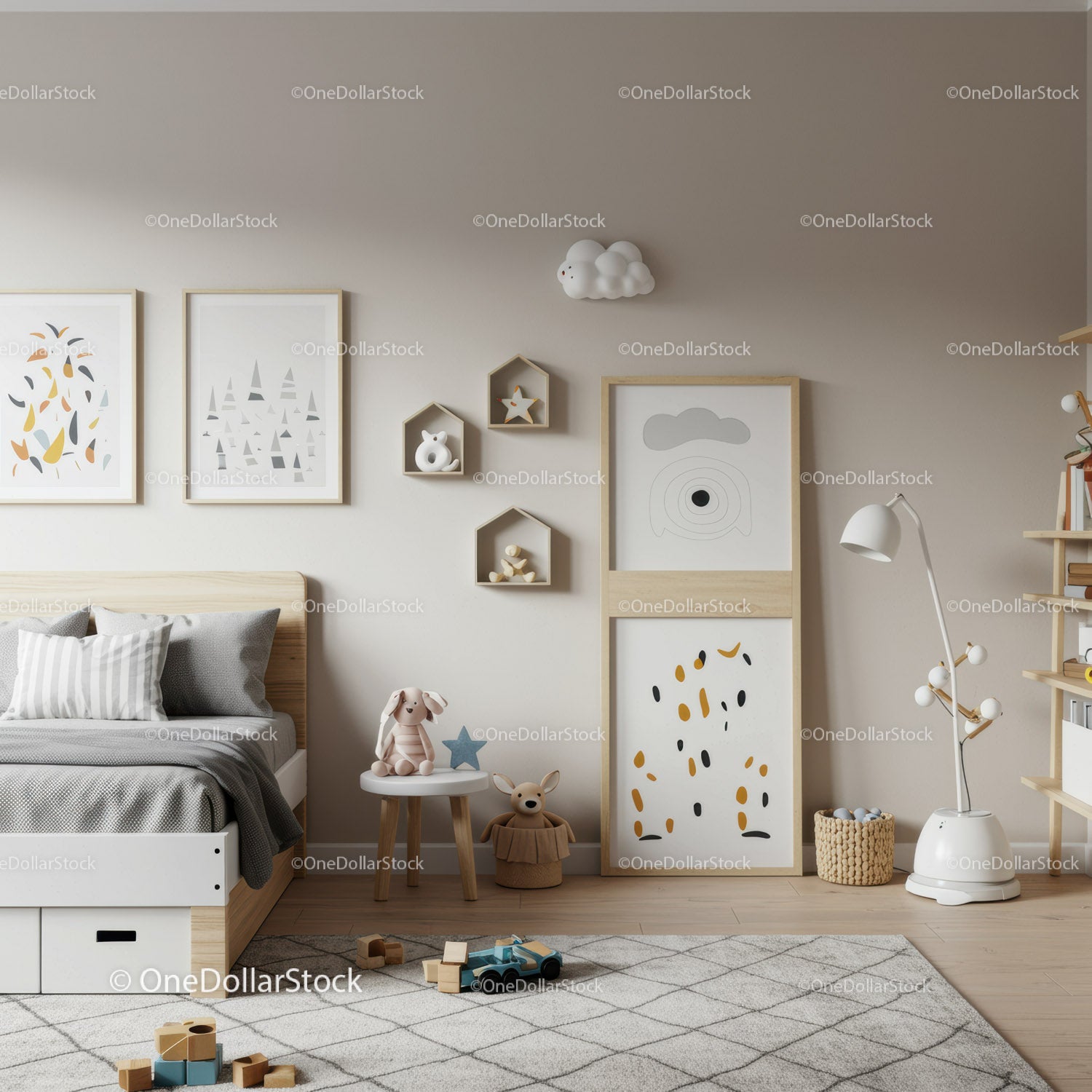 Modern Children's Bedroom with Soft Decor and Wooden Furniture