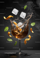 Refreshing cocktail splash with ice and citrus peel