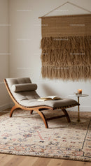 Cozy lounge chair with woven wall art in modern room