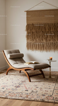 Cozy lounge chair with woven wall art in modern room